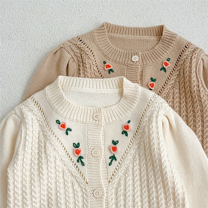 MyKids-USA® Floral Embroidered Pattern Solid Color Knitted Cardigan