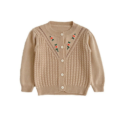 MyKids-USA® Floral Embroidered Pattern Solid Color Knitted Cardigan