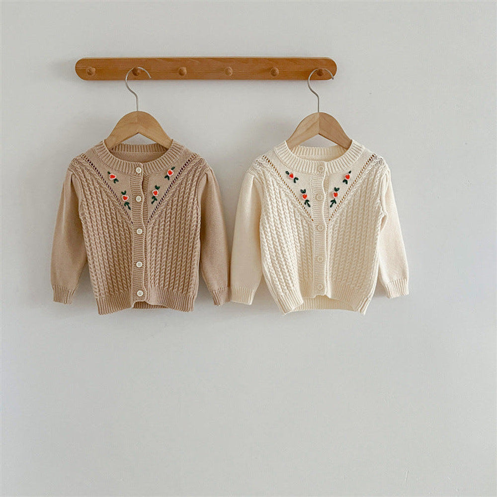 MyKids-USA® Floral Embroidered Pattern Solid Color Knitted Cardigan