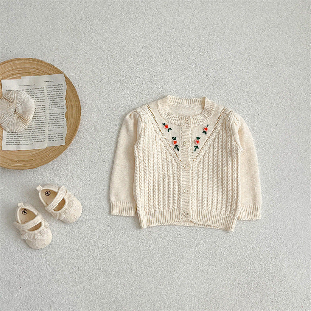MyKids-USA® Floral Embroidered Pattern Solid Color Knitted Cardigan
