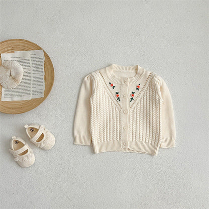 MyKids-USA® Floral Embroidered Pattern Solid Color Knitted Cardigan