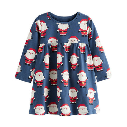MyKids-USA® Santa Claus Pattern Long Sleeve Cotton Dress