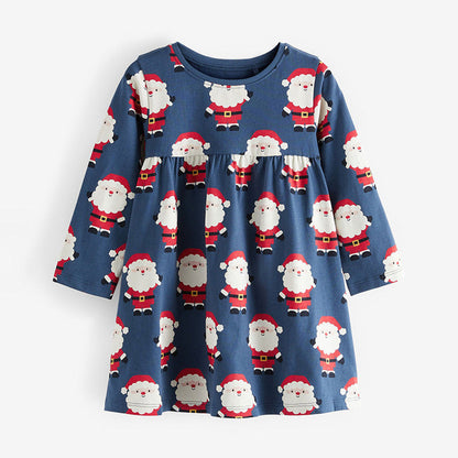MyKids-USA® Santa Claus Pattern Long Sleeve Cotton Dress