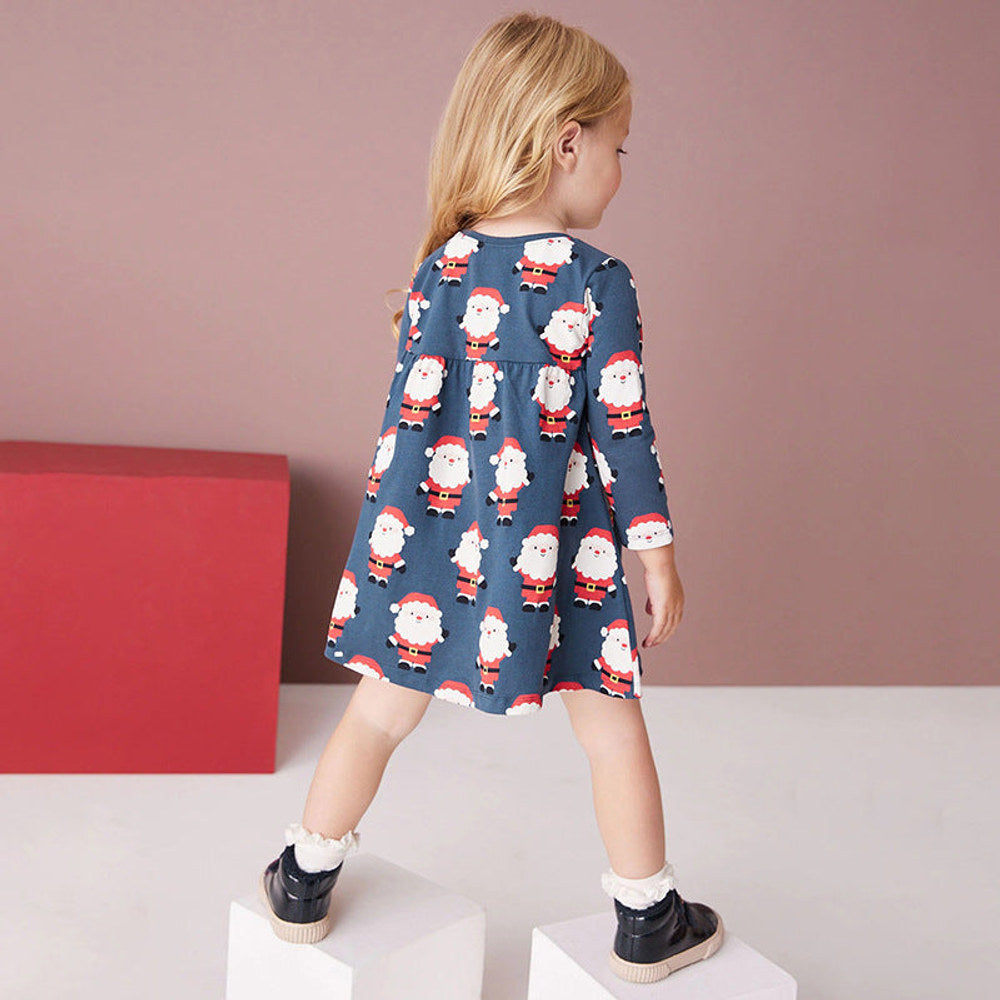 MyKids-USA® Santa Claus Pattern Long Sleeve Cotton Dress