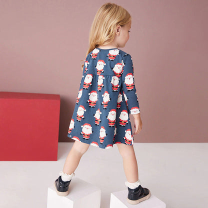 MyKids-USA® Santa Claus Pattern Long Sleeve Cotton Dress