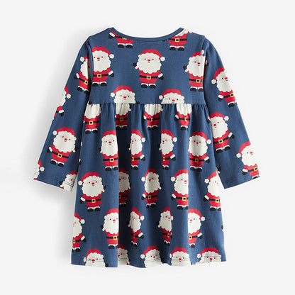 MyKids-USA® Santa Claus Pattern Long Sleeve Cotton Dress