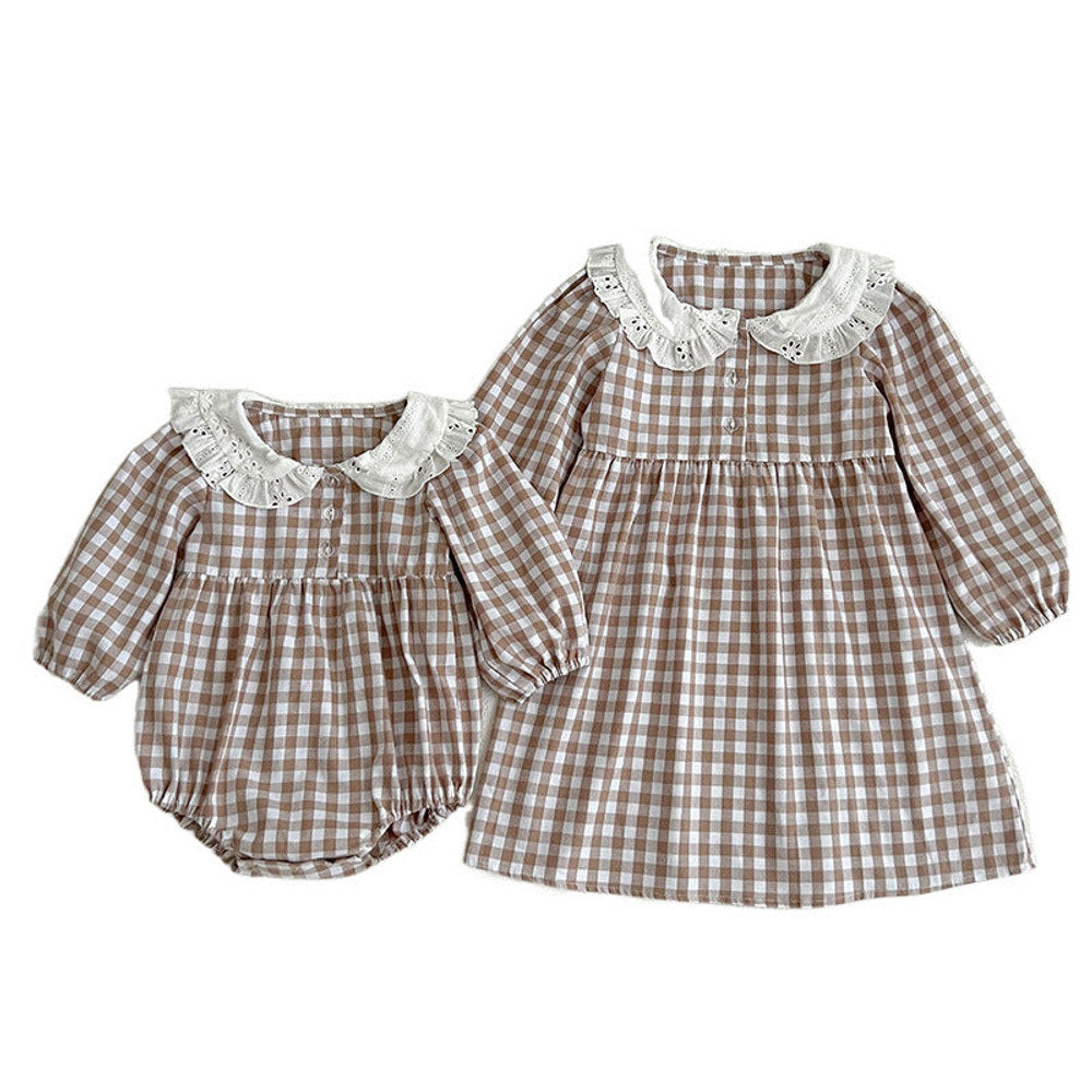 MyKids-USA® Doll Neck Plaid Pattern Long Sleeve bodysuit