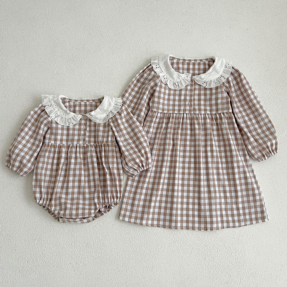 MyKids-USA® Doll Neck Plaid Pattern Long Sleeve bodysuit