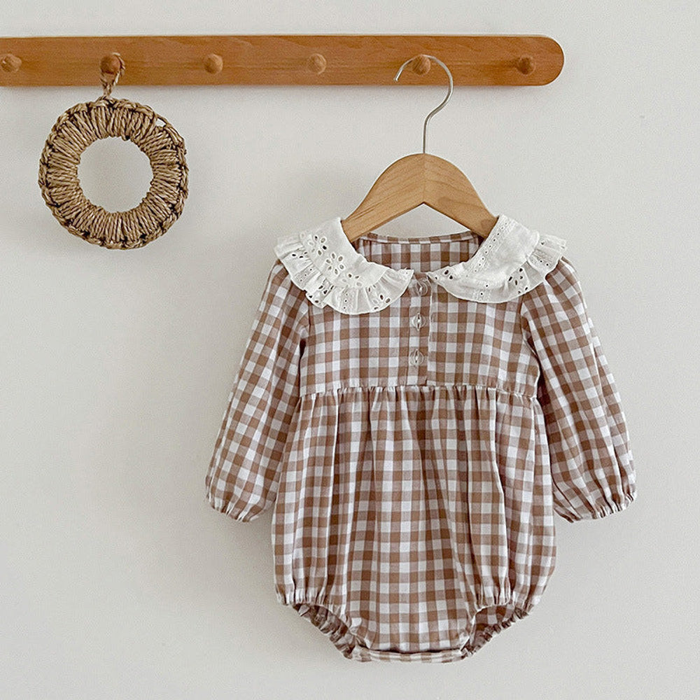 MyKids-USA® Doll Neck Plaid Pattern Long Sleeve bodysuit
