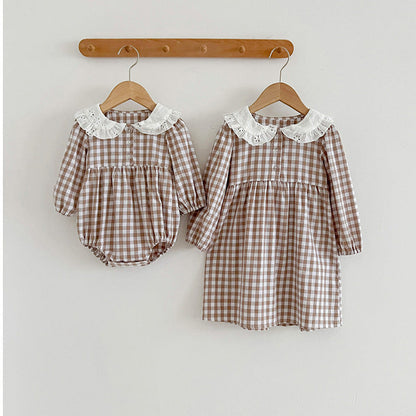 MyKids-USA® Doll Neck Plaid Pattern Long Sleeve bodysuit