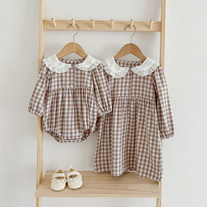 MyKids-USA® Doll Neck Plaid Pattern Long Sleeve bodysuit