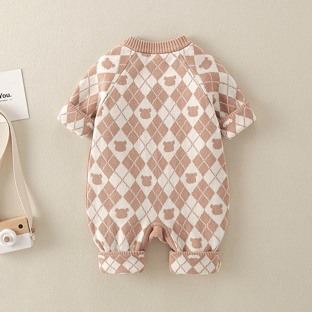 MyKids-USA® Geometric Pattern Cartoon Bear Patched Design Romper