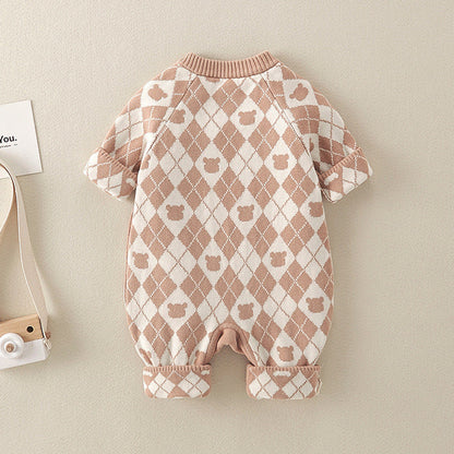 MyKids-USA® Geometric Pattern Cartoon Bear Patched Design Romper