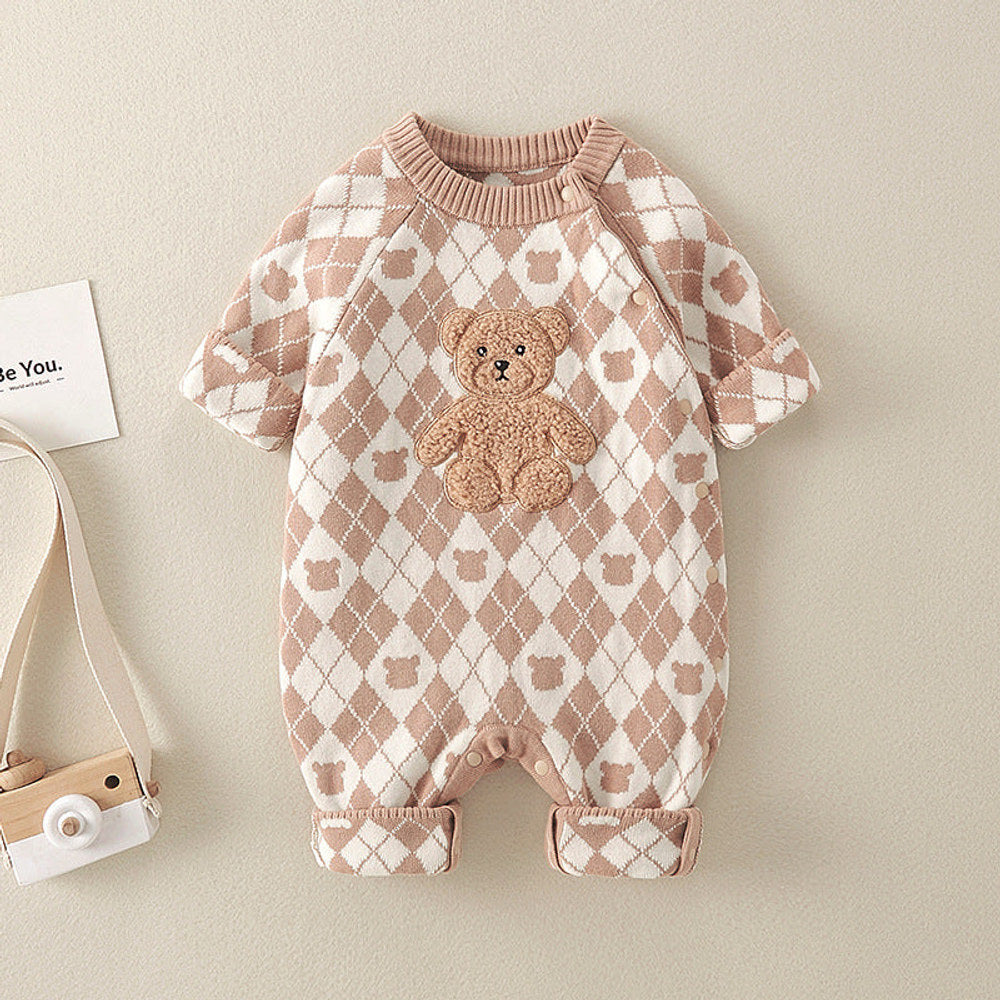 MyKids-USA® Geometric Pattern Cartoon Bear Patched Design Romper