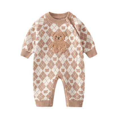 MyKids-USA® Geometric Pattern Cartoon Bear Patched Design Romper