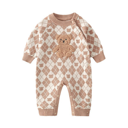 MyKids-USA® Geometric Pattern Cartoon Bear Patched Design Romper