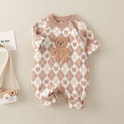 MyKids-USA® Geometric Pattern Cartoon Bear Patched Design Romper