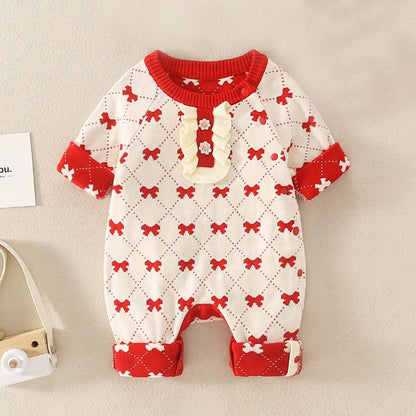 MyKids-USA® Baby Girl Embroidered Pattern Knitted Romper