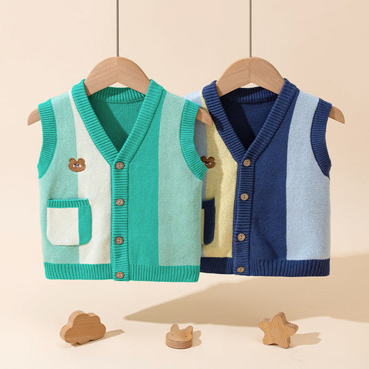 MyKids-USA® Cartoon Bear Pattern V-Neck Design Knitwear