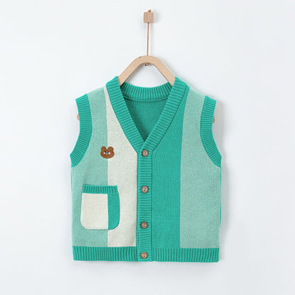 MyKids-USA® Cartoon Bear Pattern V-Neck Design Knitwear