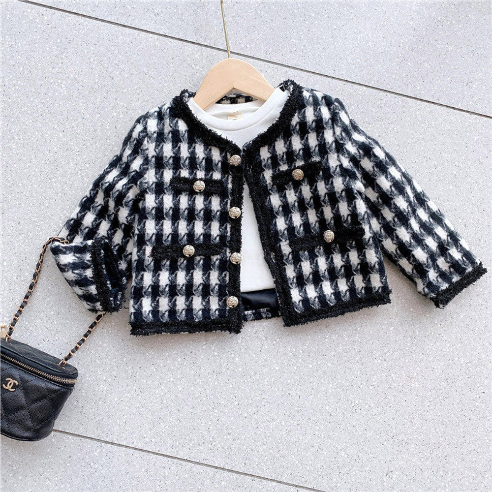 MyKids-USA® Girls Houndstooth Pattern Single Breasted Cardigan&Skirt Elegant Style Sets