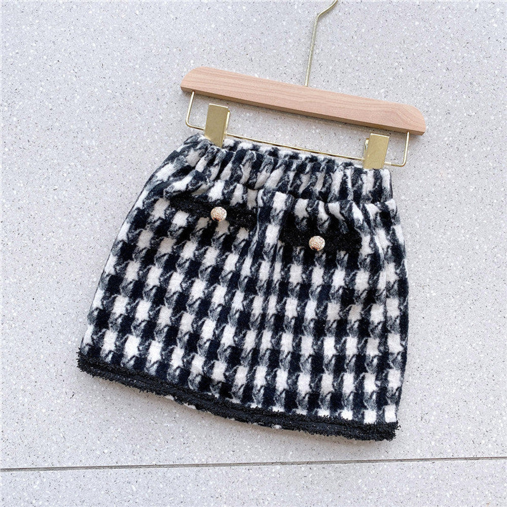 MyKids-USA® Girls Houndstooth Pattern Single Breasted Cardigan&Skirt Elegant Style Sets