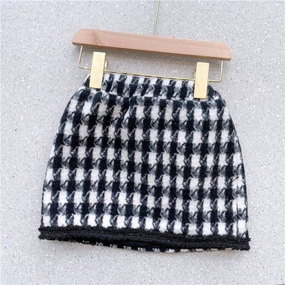MyKids-USA® Girls Houndstooth Pattern Single Breasted Cardigan&Skirt Elegant Style Sets