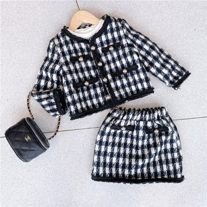 MyKids-USA® Girls Houndstooth Pattern Single Breasted Cardigan&Skirt Elegant Style Sets