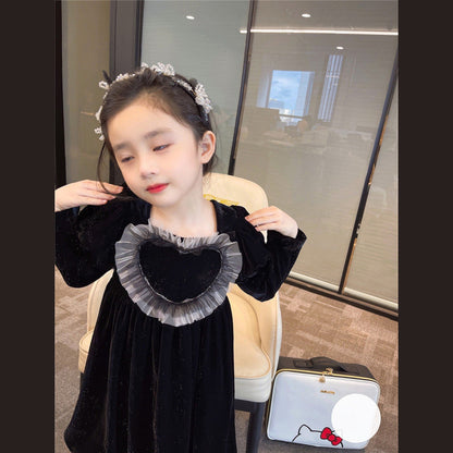 MyKids-USA® Baby Girls Heart Shape Ruffle Square Neck Long Sleeved Black Princess Dress