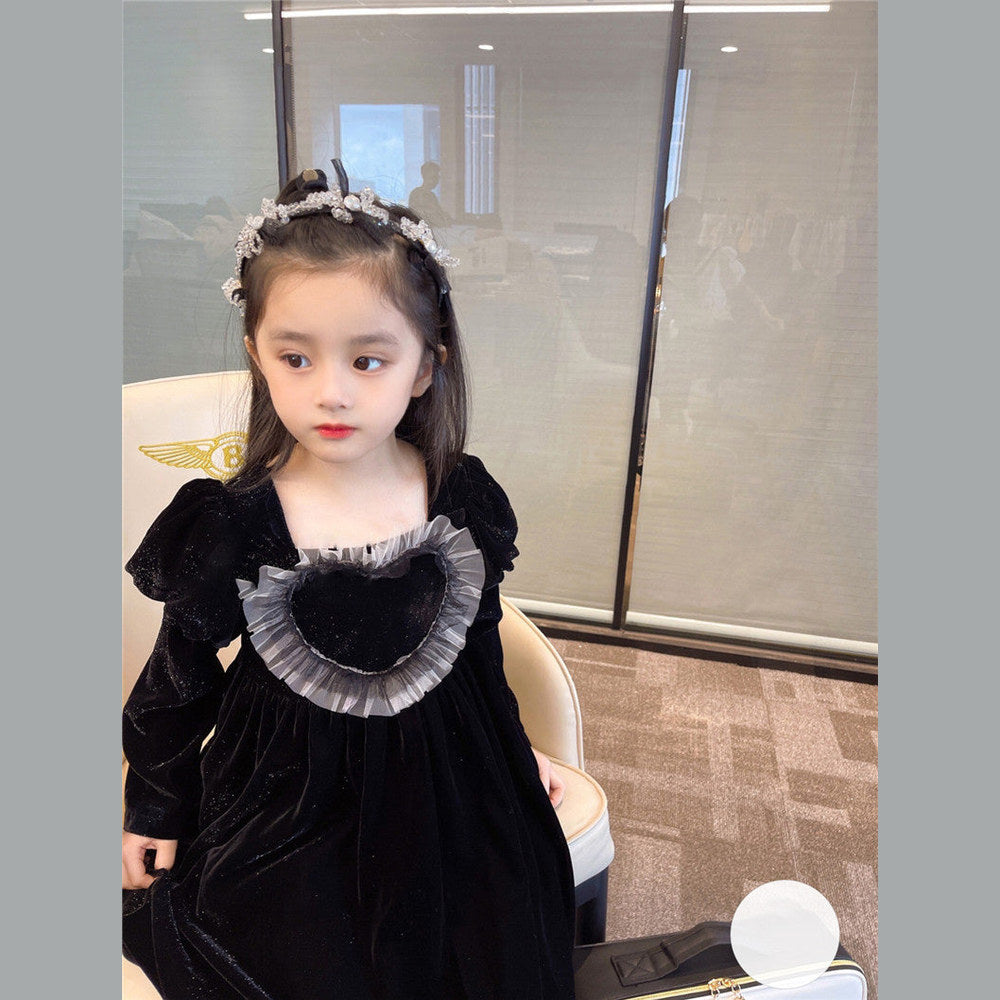 MyKids-USA® Baby Girls Heart Shape Ruffle Square Neck Long Sleeved Black Princess Dress