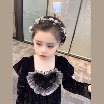 MyKids-USA® Baby Girls Heart Shape Ruffle Square Neck Long Sleeved Black Princess Dress