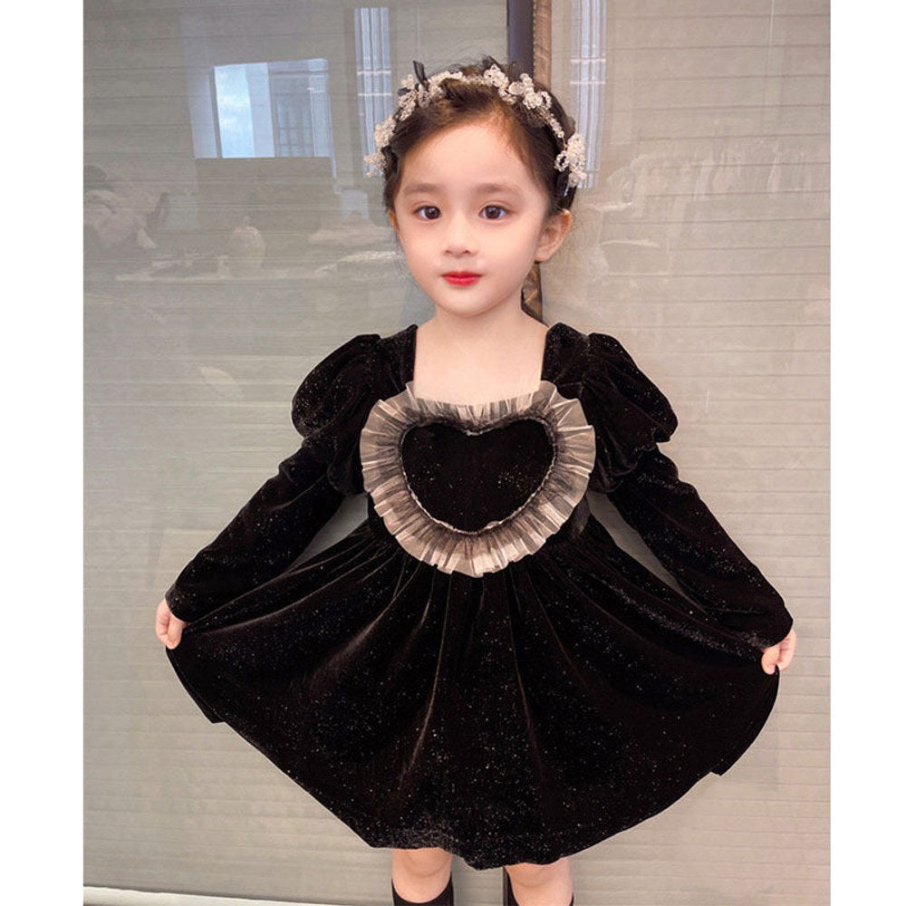 MyKids-USA® Baby Girls Heart Shape Ruffle Square Neck Long Sleeved Black Princess Dress