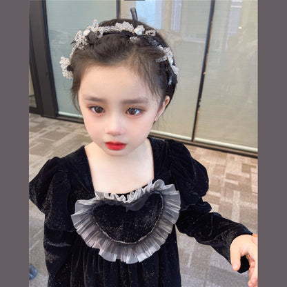 MyKids-USA® Baby Girls Heart Shape Ruffle Square Neck Long Sleeved Black Princess Dress