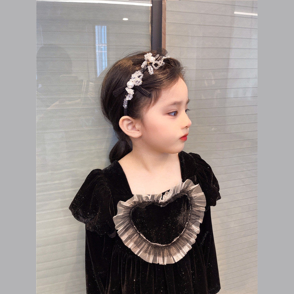 MyKids-USA® Baby Girls Heart Shape Ruffle Square Neck Long Sleeved Black Princess Dress