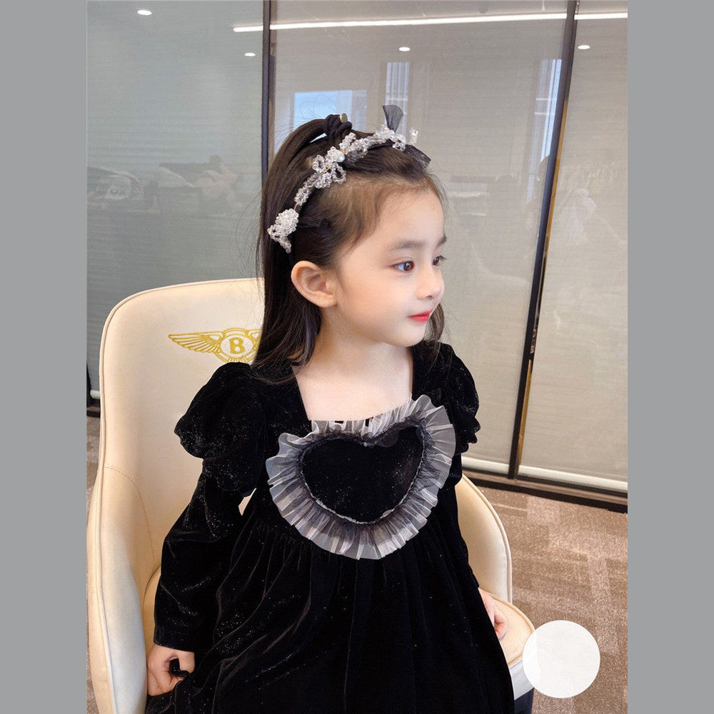 MyKids-USA® Baby Girls Heart Shape Ruffle Square Neck Long Sleeved Black Princess Dress