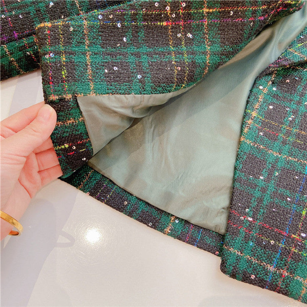 MyKids-USA® Girls Dark Green Plaid With Dots Open Front Cardigan&Skirt Preppy Suits