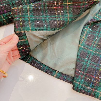 MyKids-USA® Girls Dark Green Plaid With Dots Open Front Cardigan&Skirt Preppy Suits