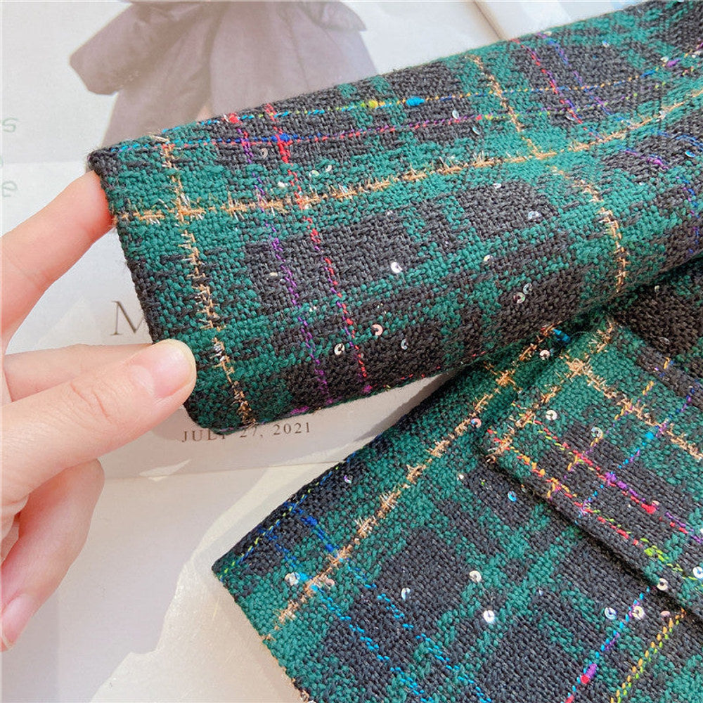 MyKids-USA® Girls Dark Green Plaid With Dots Open Front Cardigan&Skirt Preppy Suits