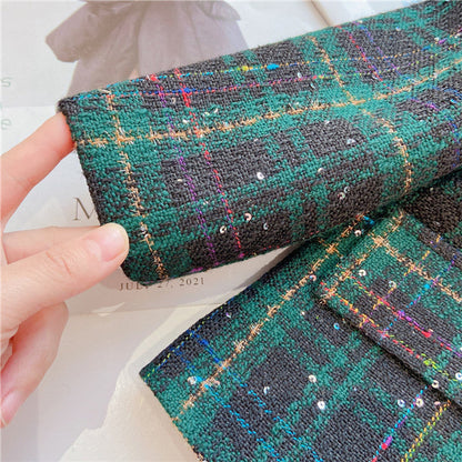MyKids-USA® Girls Dark Green Plaid With Dots Open Front Cardigan&Skirt Preppy Suits