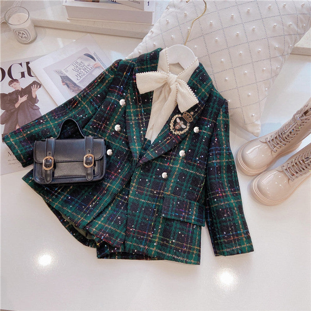 MyKids-USA® Girls Dark Green Plaid With Dots Open Front Cardigan&Skirt Preppy Suits