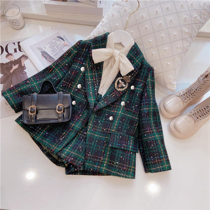MyKids-USA® Girls Dark Green Plaid With Dots Open Front Cardigan&Skirt Preppy Suits