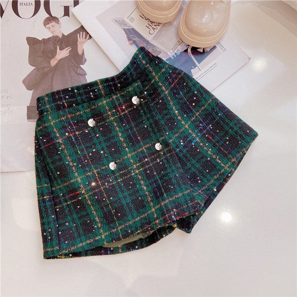 MyKids-USA® Girls Dark Green Plaid With Dots Open Front Cardigan&Skirt Preppy Suits