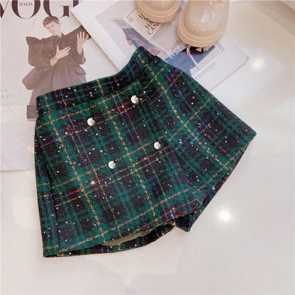 MyKids-USA® Girls Dark Green Plaid With Dots Open Front Cardigan&Skirt Preppy Suits