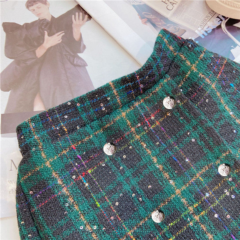MyKids-USA® Girls Dark Green Plaid With Dots Open Front Cardigan&Skirt Preppy Suits