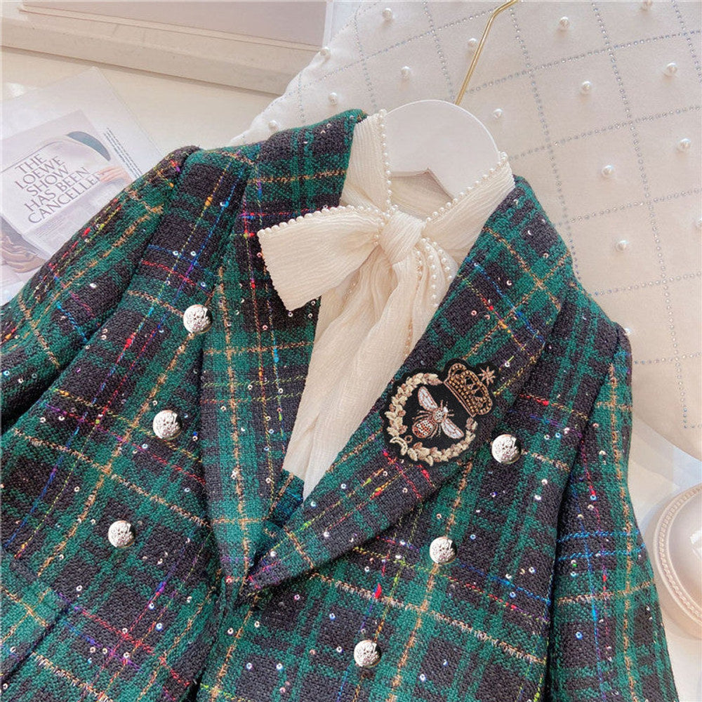 MyKids-USA® Girls Dark Green Plaid With Dots Open Front Cardigan&Skirt Preppy Suits