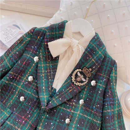 MyKids-USA® Girls Dark Green Plaid With Dots Open Front Cardigan&Skirt Preppy Suits