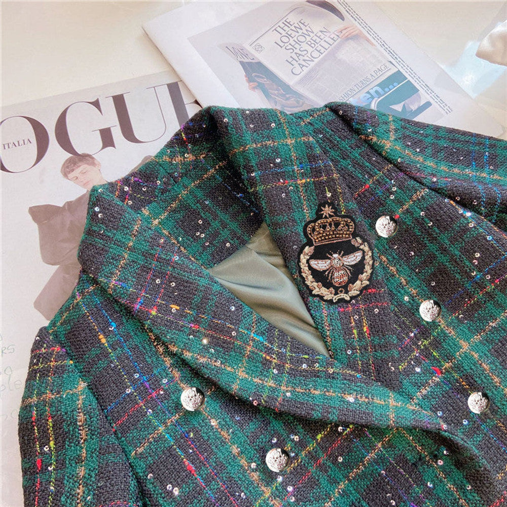 MyKids-USA® Girls Dark Green Plaid With Dots Open Front Cardigan&Skirt Preppy Suits