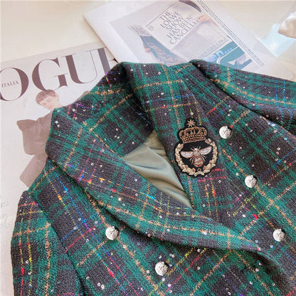 MyKids-USA® Girls Dark Green Plaid With Dots Open Front Cardigan&Skirt Preppy Suits