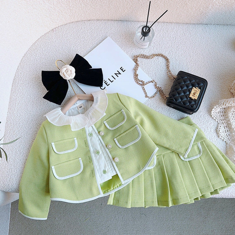 MyKids-USA® Girls Solid Green Ruffle Lace Neck Pockets Cardigan&Skirt Casual Sets