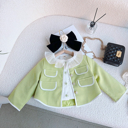 MyKids-USA® Girls Solid Green Ruffle Lace Neck Pockets Cardigan&Skirt Casual Sets